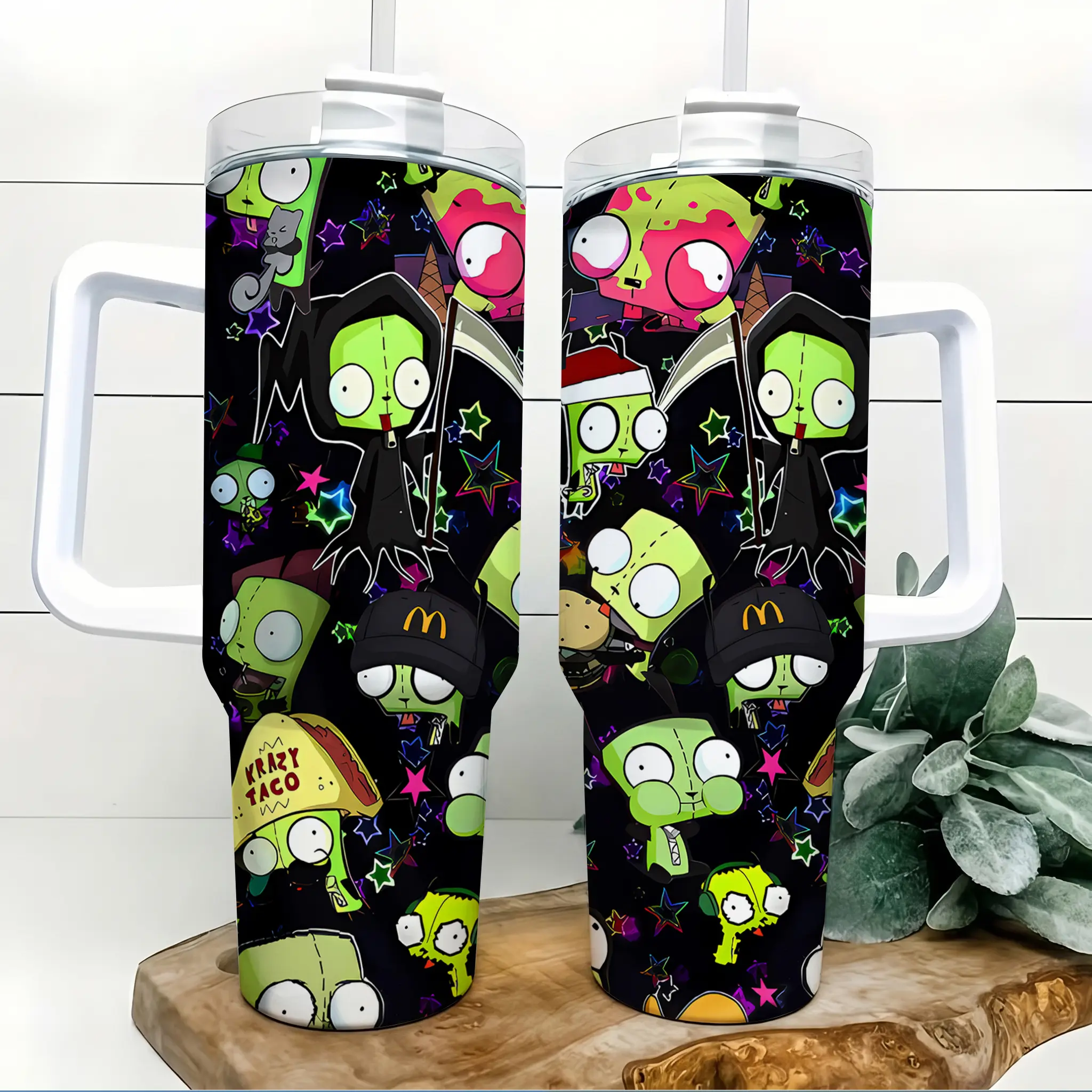 Invader Zim 40oz Vacuum Flask with Handle, Straw, Lid & Dark Cartoon Alien Style - 304 Stainless Steel Heat-Resistant Insulated Travel Mug, Keeps Cold 24H Hot 12H, 40oz Heat-Resistant Stainless Steel Car Cup for Fans