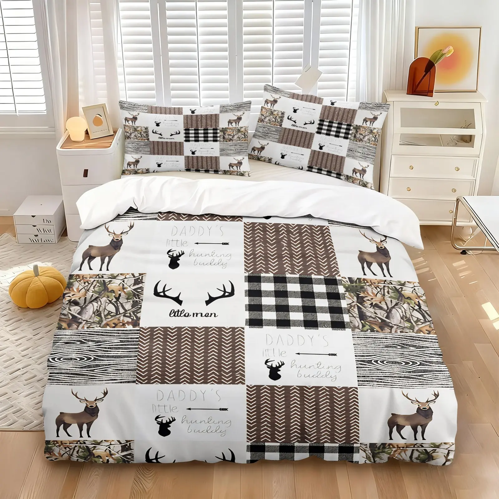 Rustic Deer Hunting Patchwork 3-Piece Duvet Cover Set, Ultra-Soft Microfiber Bedding with 1/2 Pillowcases (No Insert), Cabin Style Bedding for Boys Bedroom Dorm Decor, Comfy Bedding Set