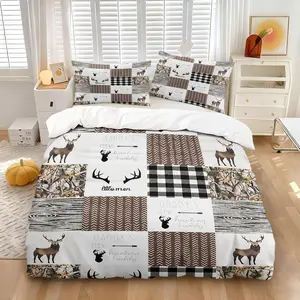 Rustic Deer Hunting Patchwork 3-Piece Duvet Cover Set, Ultra-Soft Microfiber Bedding with 1/2 Pillowcases (No Insert), Cabin Style Bedding for Boys Bedroom Dorm Decor