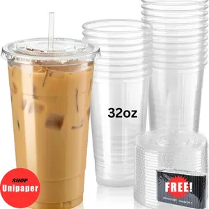 32 oz Plastic Cups with Lids (50-500 Sets) - Clear Plastic Cups for Iced Coffee, Boba, Milk Tea, Smoothies, and Fruit Shakes - Plastic Cups Disposable with Lids for Parties, Cafes, Restaurants