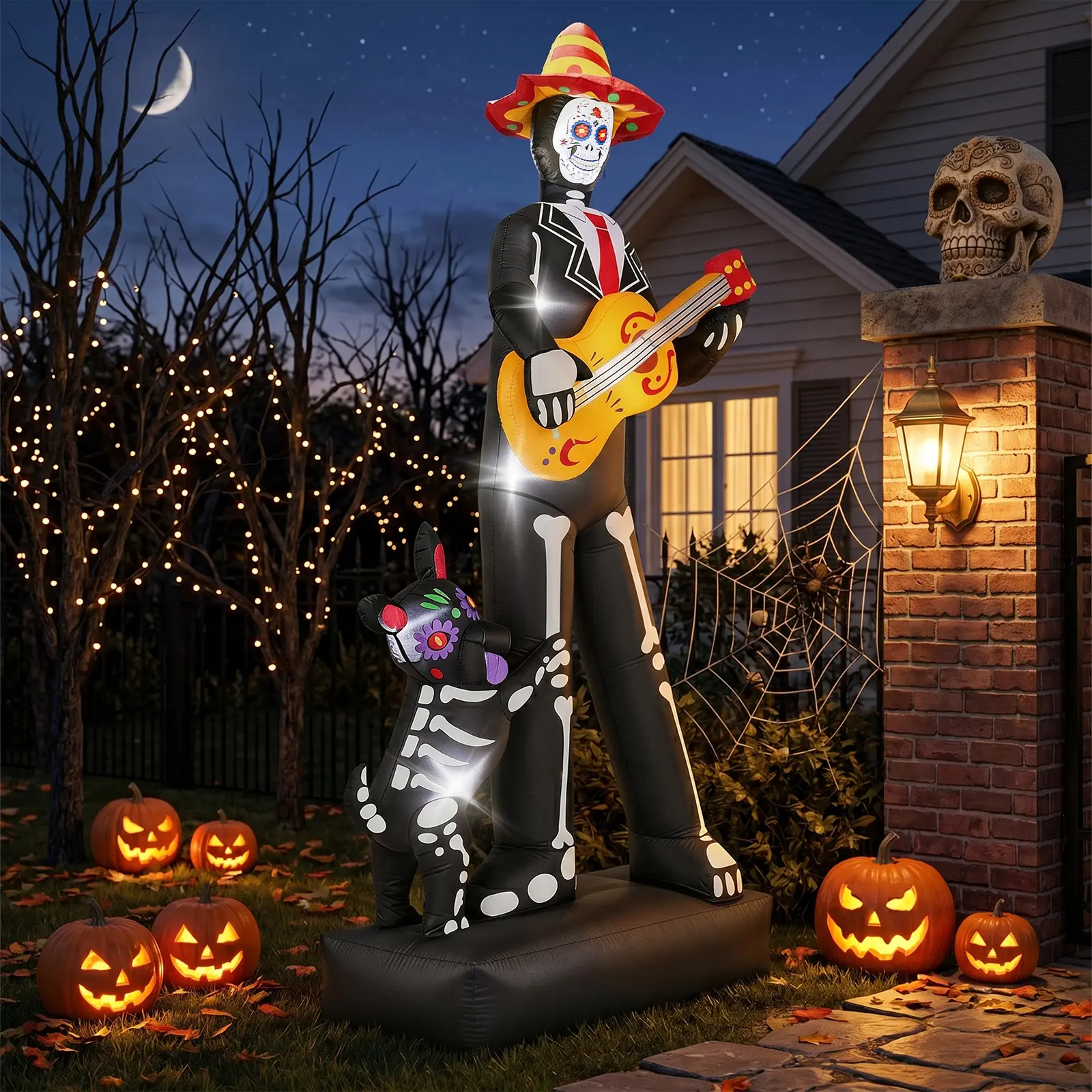 Large Halloween Day of the Dead Inflatable Yard Decor with Built-in LED Lights, 12V US Plug Waterproof Outdoor Sugar Skull Inflatable Decorations for Lawn Front Porch Party