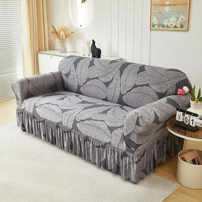 Elastic Skirted Sofa Cover, Tropical Leaf Print, Single/double/three/four Seater, Anti-Dirty Pet Washable Protection, Elastic Sofa Slipcover