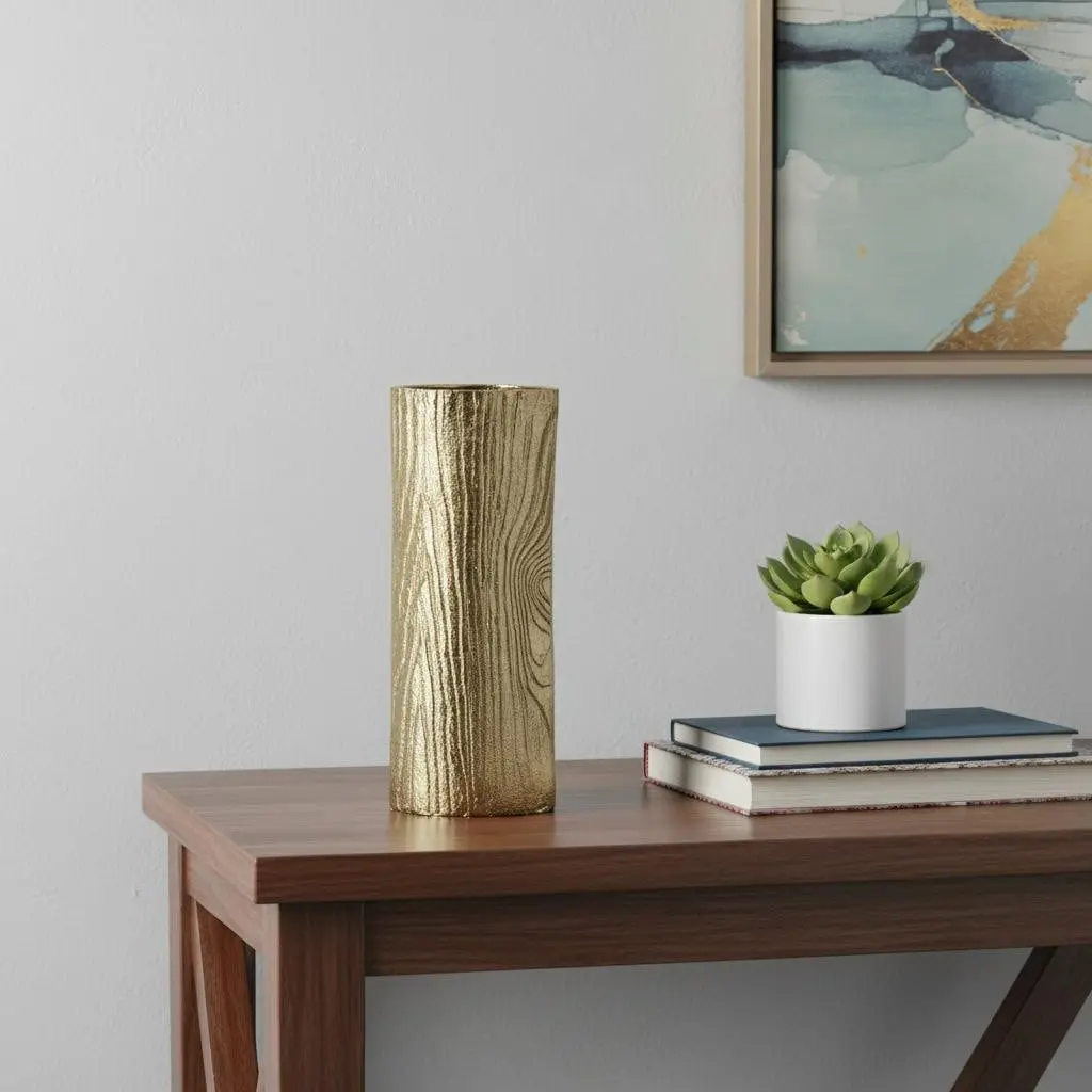 360 Stand 15 in. Gold Oval Aluminum Decorative Vase, Floral Table Centerpiece & Flower Holder for Living Room Home Decoration, Wood-Inspired Home Decor Gift, Gift Idea, Durable, Mother's Day