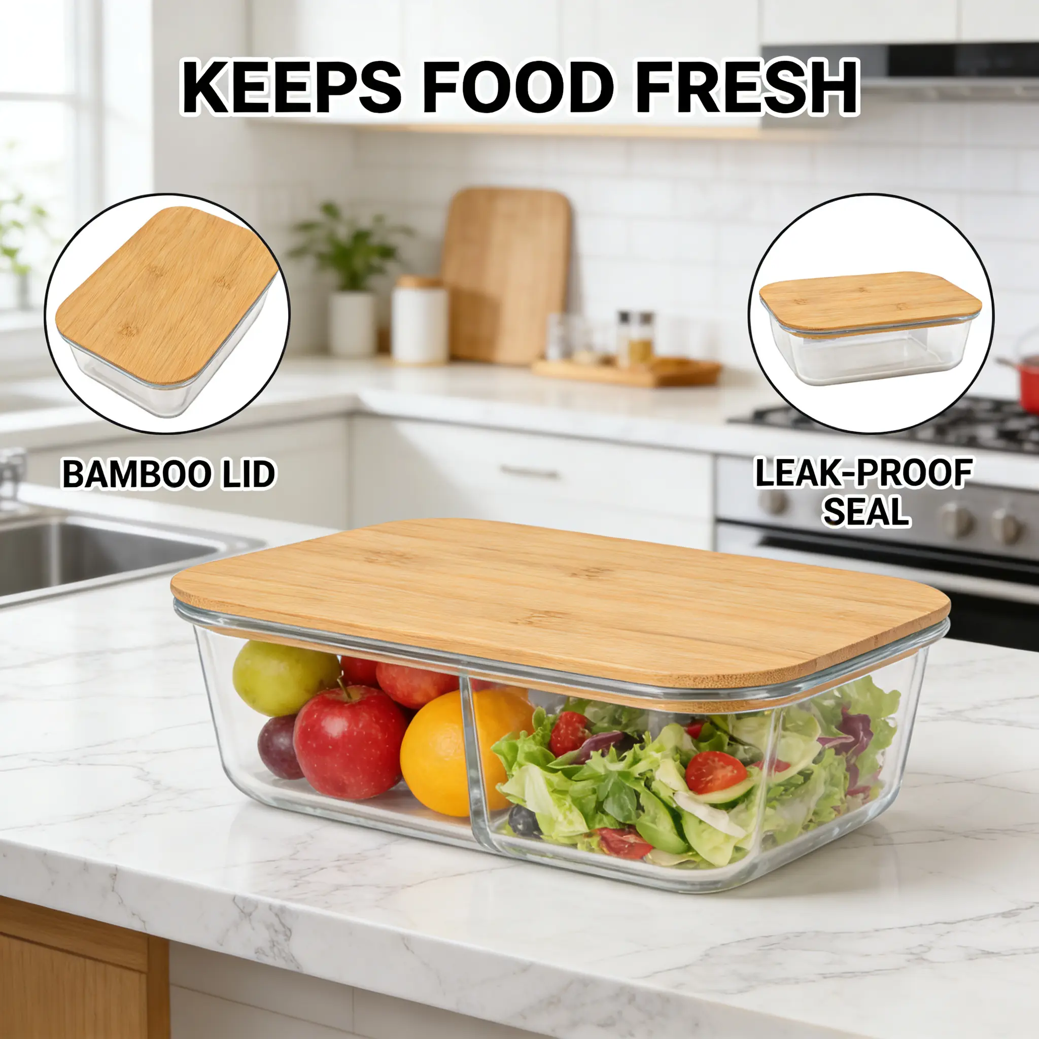 1pc Borosilicate Glass Food Storage Container with Bamboo-Silicone Lid, 1040ml Rectangular Stackable Kitchen Meal Prep Box, Plastic-Free Leak-Proof Adult Lunches Bento Box, Microwave-Oven Safe Home Organizer