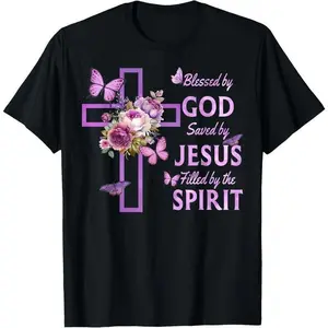 100% Cotton Blessed by God Saved by Jesus Purple Floral Cross Christian T-Shirt
