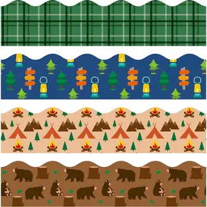 80Pcs Camping Hiking Bulletin Board Borders Back to Shcool Camping Tent Light Green Plaid Scalloped Borders Trim Outdoor Themed Classroom Chalkboard White Board Decor for Elementary Preschool