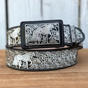 Caballo Orlas 13192 Western Style Belt in Genuine Leather with Silver Embroidery Adjustable Buckle 2 Inch Width Made in Mexico