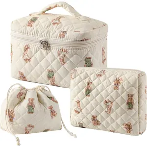 3 count Aesthetic  Quilted Drawstring Makeup Bag Set, Aesthetic Cute Bow Makeup Pouch for Girls and Women, Aesthetic Travel Organized  Bags for Purse(01Bear)