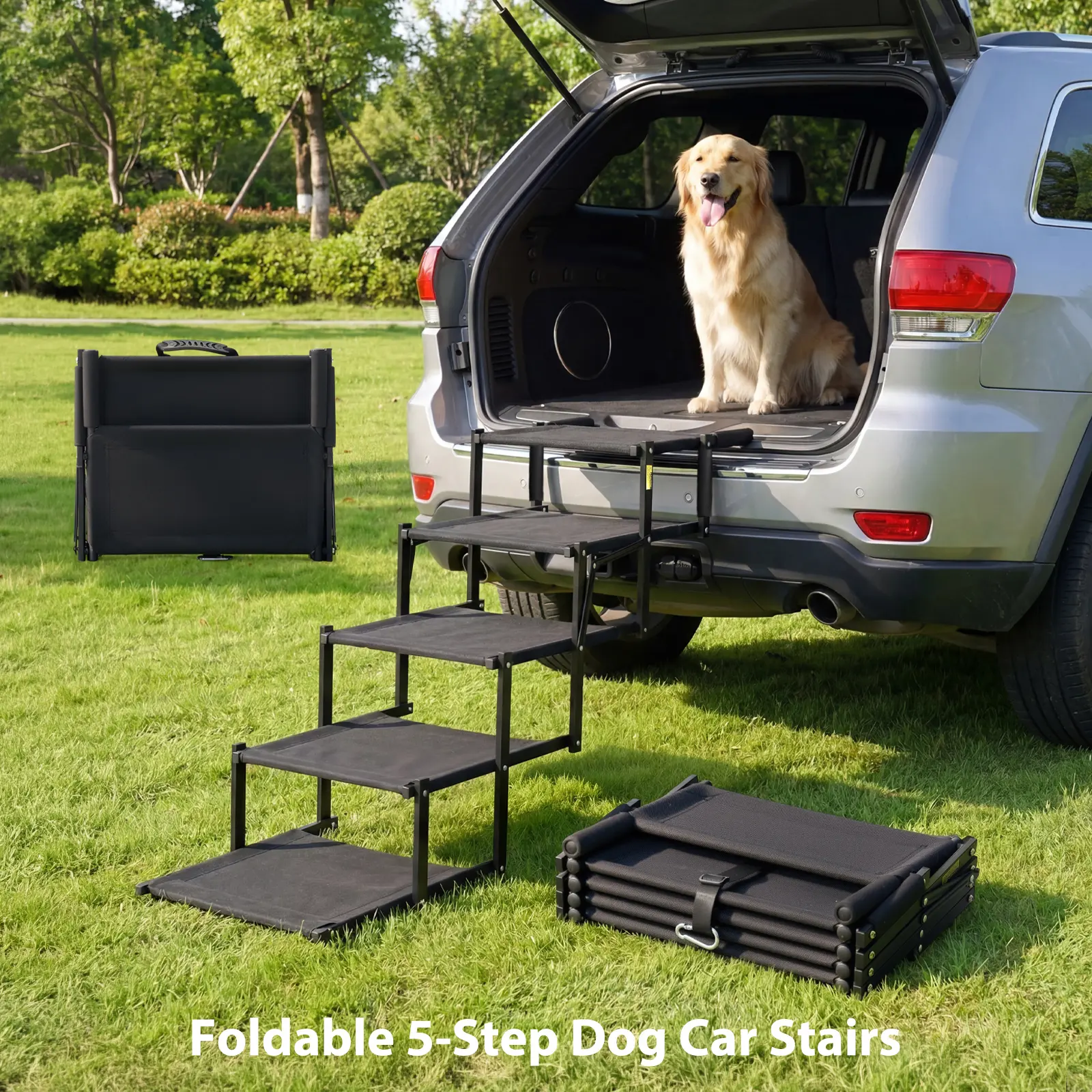 【tiktokshopsummersale】Cozila Foldable Dog Stairs for Car, 5-Step Heavy-Duty Pet Car Steps with Anti-Slip Surface, Portable & Secure for SUVs & Trucks Summervibes petlovers campingessentials