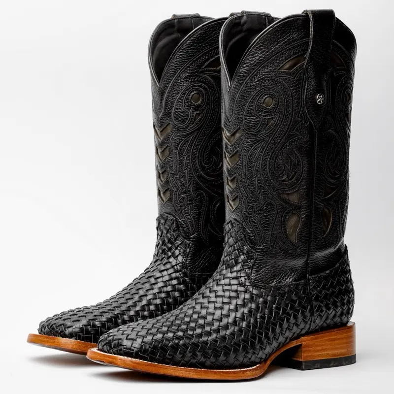 Black Basketweave Leather Boots - Square Toe