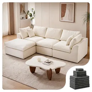 Amsleekey 108" Boneless Cloud Sectional Couches, with 1 Extra Washable Cover, L Shaped 25.6" Deep Seat Couch with Ottoman, Oversized Comfy Living Room Sofa, DIY Color Refresh（ White Sofa + Grey Cover Set）