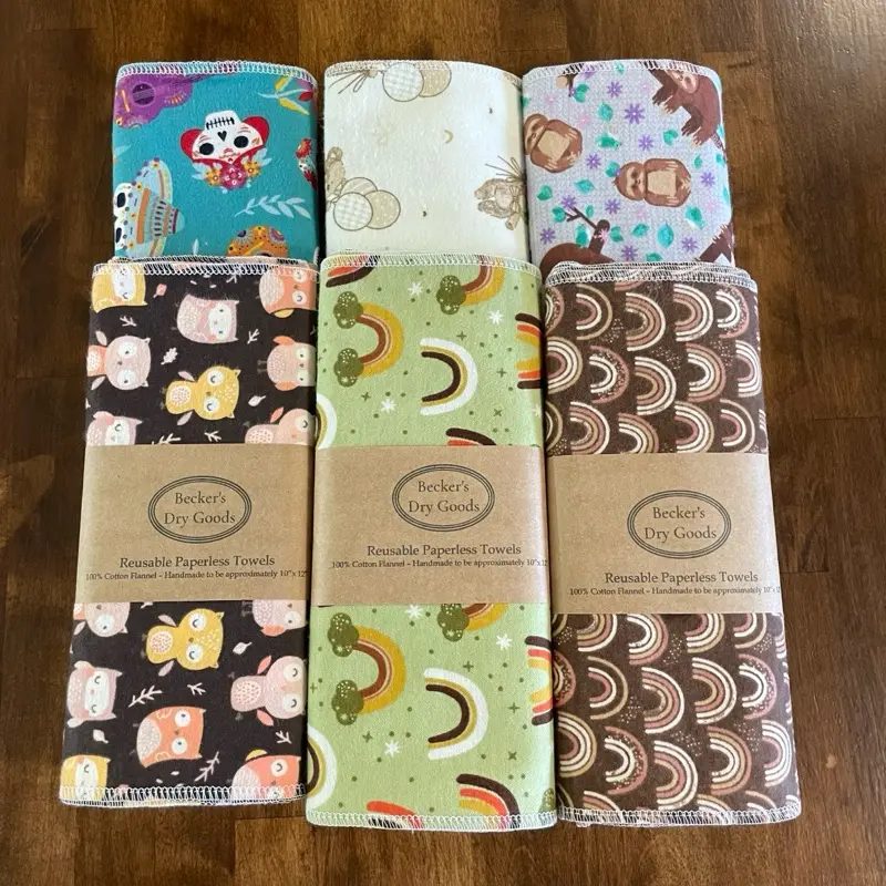Limited Run II - 6 Pack of 100% Cotton Flannel Paper Towel Replacement - Eco-Friendly Kitchen 10x12 Size, Machine Washable, Reusable Absorbent