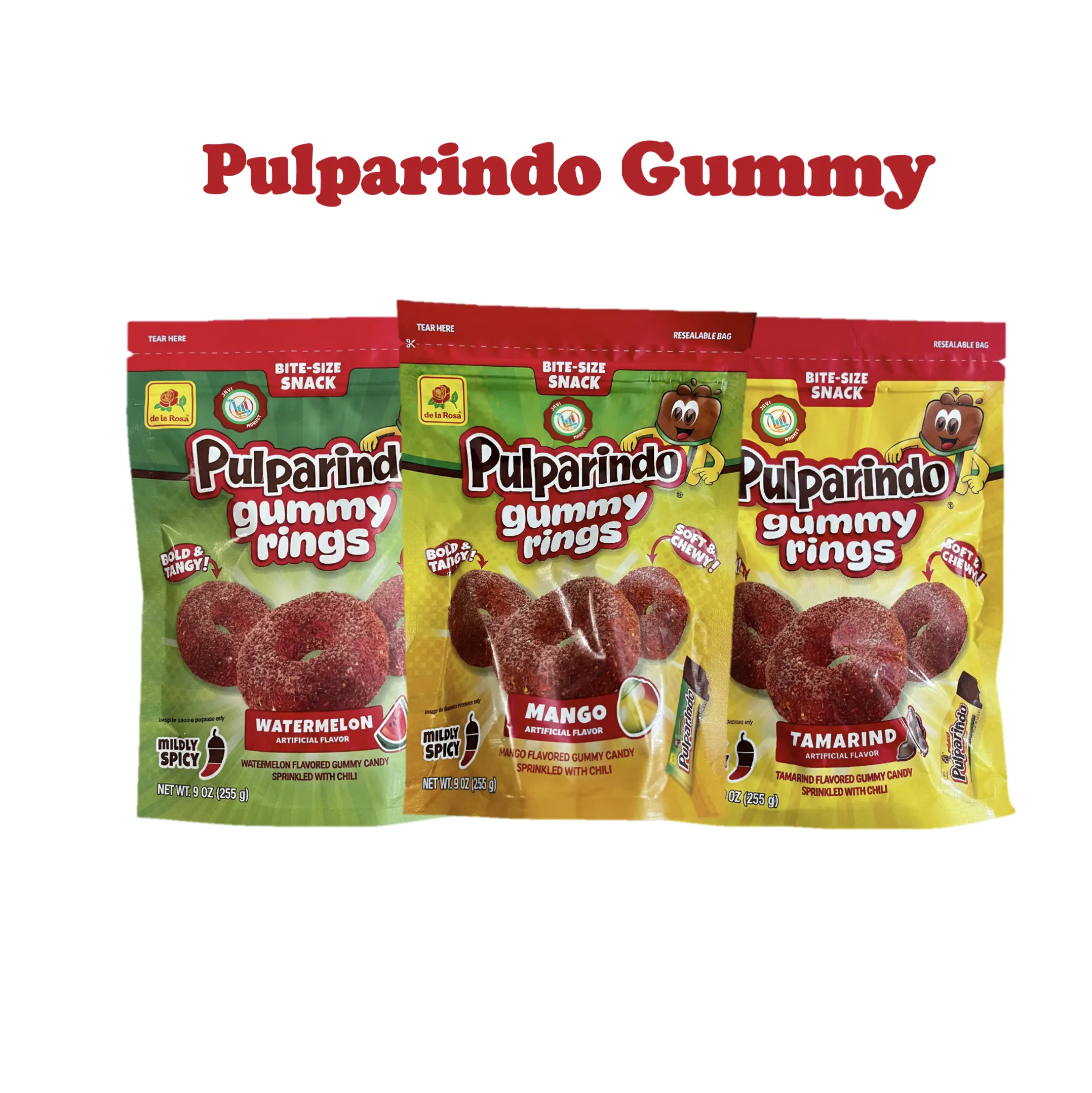 Pulparindo Gummy Rings Mango Watermelon or Tamarind Flavored gummy Candy Sprinkled With Chili Mexican Traditional Candy Sweet Snack By de la Rosa 9oz