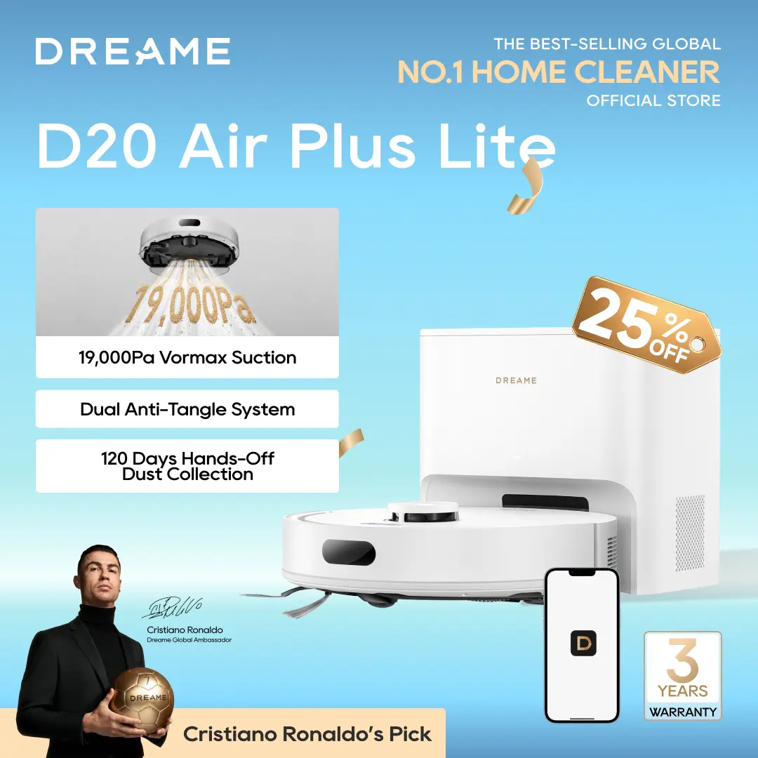 DREAME D20 Air Plus Lite/ D20 Plus Lite Robot Vaccum and Mop Combo with 19,000Pa Suction, Anti-Tangling Tech, Auto-Emptying Dock, Deep Carpet Cleaning and Smart Navigation Black