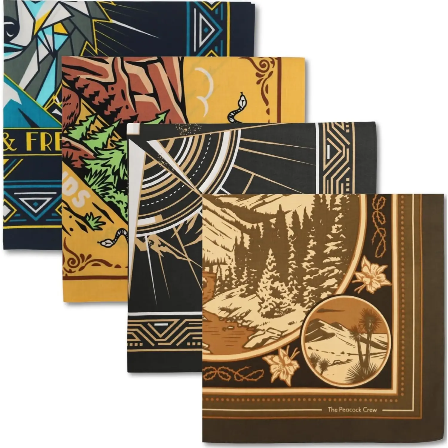 4 Pack Soft Cotton Square Vintage Bandanas (22x22 in) - Adventure Motifs, Mountain Compass Wolf Graphics, Multi-Use Wrap Festival Wear Scarves for Men Women