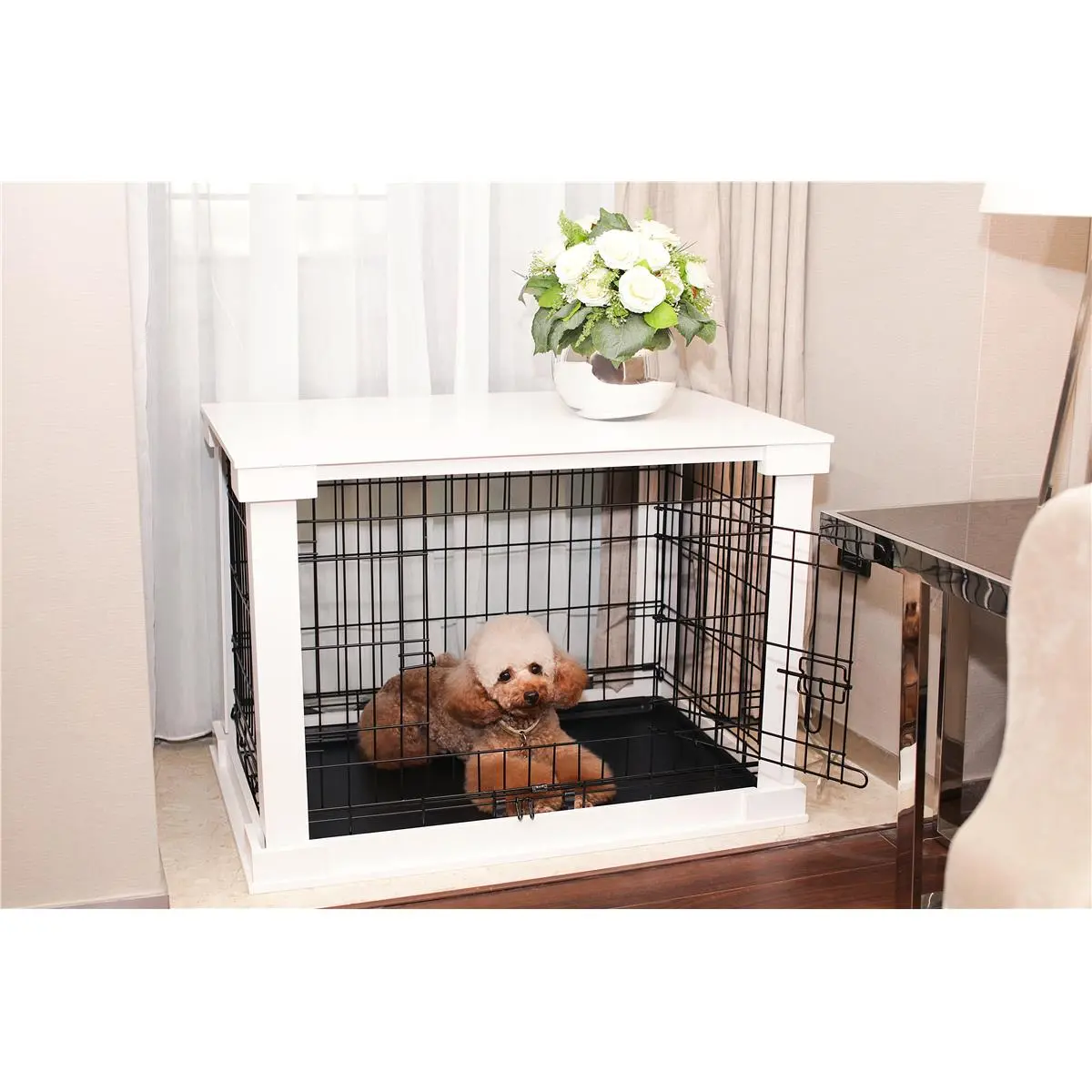 212 MAIN Large Wooden Dog & Cat Cage - Solid Crate Cover, Removable Tray, Easy Setup, 52 lbs Capacity, Improves Functionality, White Finish, Wooden Crates