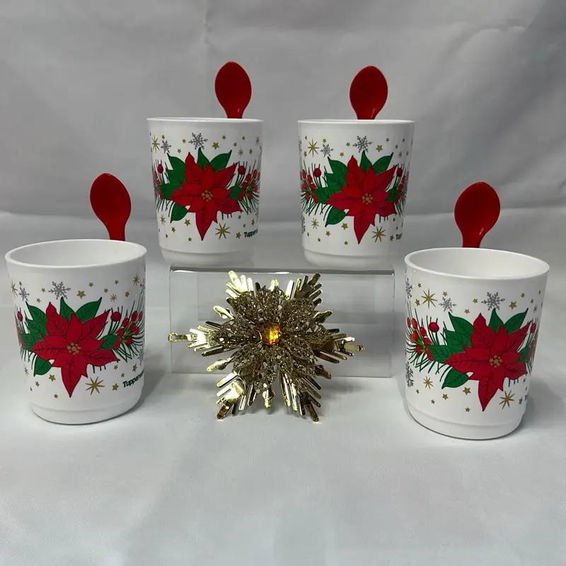 Poinsettia Mugs with Little Spons - Set of 4 Festive Holiday Cups with Red Spoons for Christmas Decor Drinkware