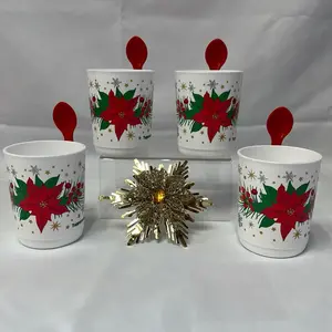 Poinsettia Mugs with Little Spons - Set of 4 Festive Holiday Cups with Red Spoons for Christmas Decor Drinkware
