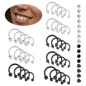 Pack of 48 Surgical Steel Horseshoe Ring Set Nose, Septum, Eyebrow, Tragus, Lip, Daith, Helix Piercing Jewelry for Women & Men - Stainless Steel Rings for Body Piercing, Mixed Designs