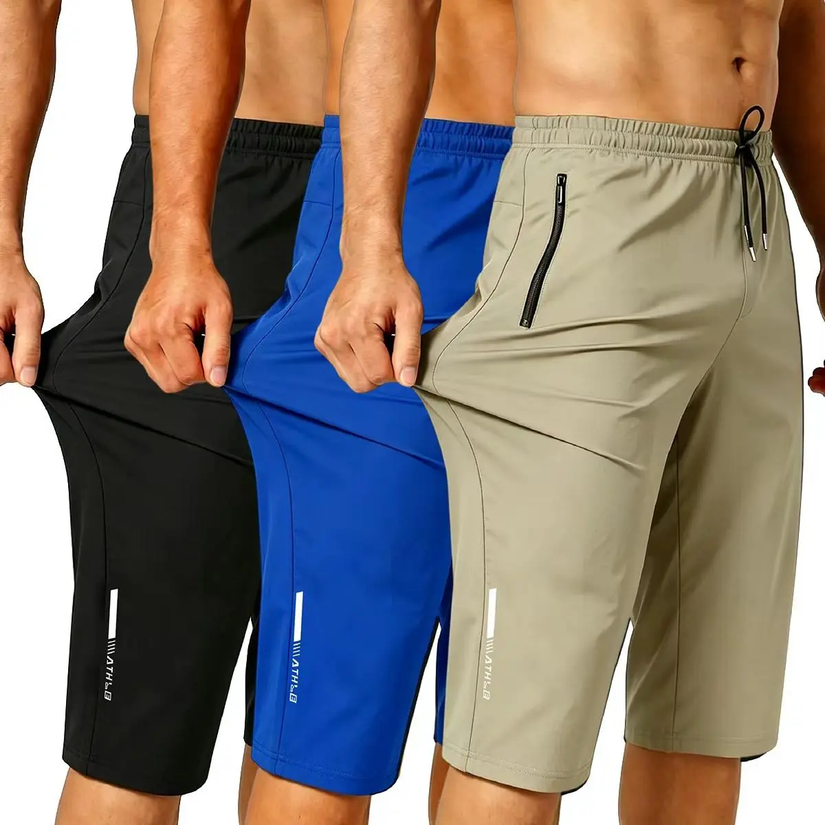 Men's Active 3-Pack Loose-Fit Summer Ice Silk Straight Capri Pants - European Sizing, 80% Polyamide 20% Elastane, Stretch Athletic Cropped Trousers for Rugby & Everyday Casual Wear, Male Capri Pants