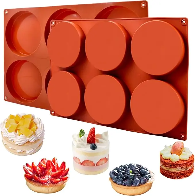 2-Pack (2pcs) Silicone Baking Molds, Non-Stick 4-Inch 6-Cavities Circular Bakeware with Large Volume for Whoopie Pie, Corn Bread - Also for Soap Making
