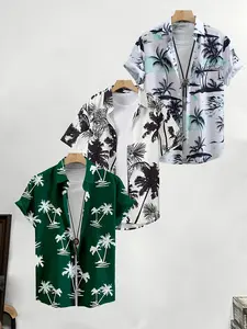 3 pieces of men's vacation shirts, short-sleeved button-down Casual Tropical Print shirts with floral patterns, perfect for beach vacations and summer gatherings, Casual Summer Tops