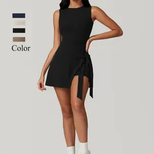 Women's Solid Color High Neck Tennis Dress Long Sleeve Wrap Skirt Built-in Shorts Golf Athletic Outfit Casual Sportswear Summer Comfort Sleeveless Crew Neck Nylon Elastane Machine Washable Fathersdaygift