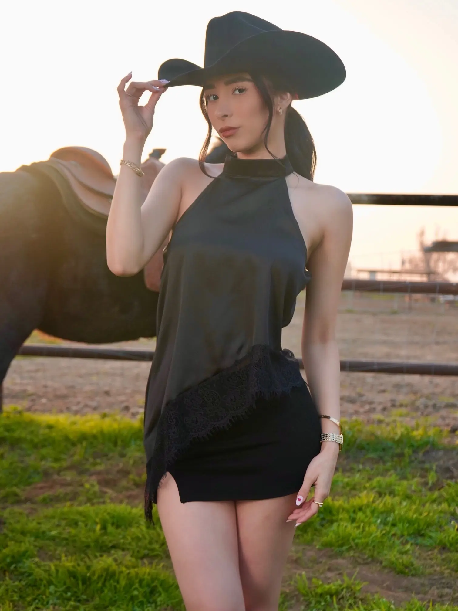 BLACK HALTER LACE TOP