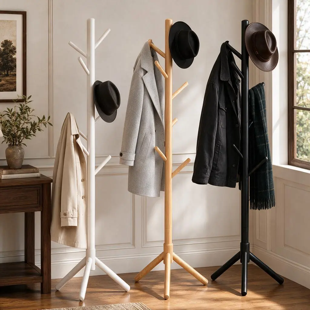 Solid Wood Standing Coat Rack with 3 Shelves, Freestanding Multi-Hook Garment Hanger for Home Bedroom Entryway, Three Shelves