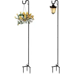 Two Sets of 92-Inch Tall Adjustable Heavy-Duty Garden Plant Hangers Featuring Three Base Prongs, Suitable for Suspending Plant Baskets, Solar Lights, Wedding Decorations, And Lanterns, in Black Color.