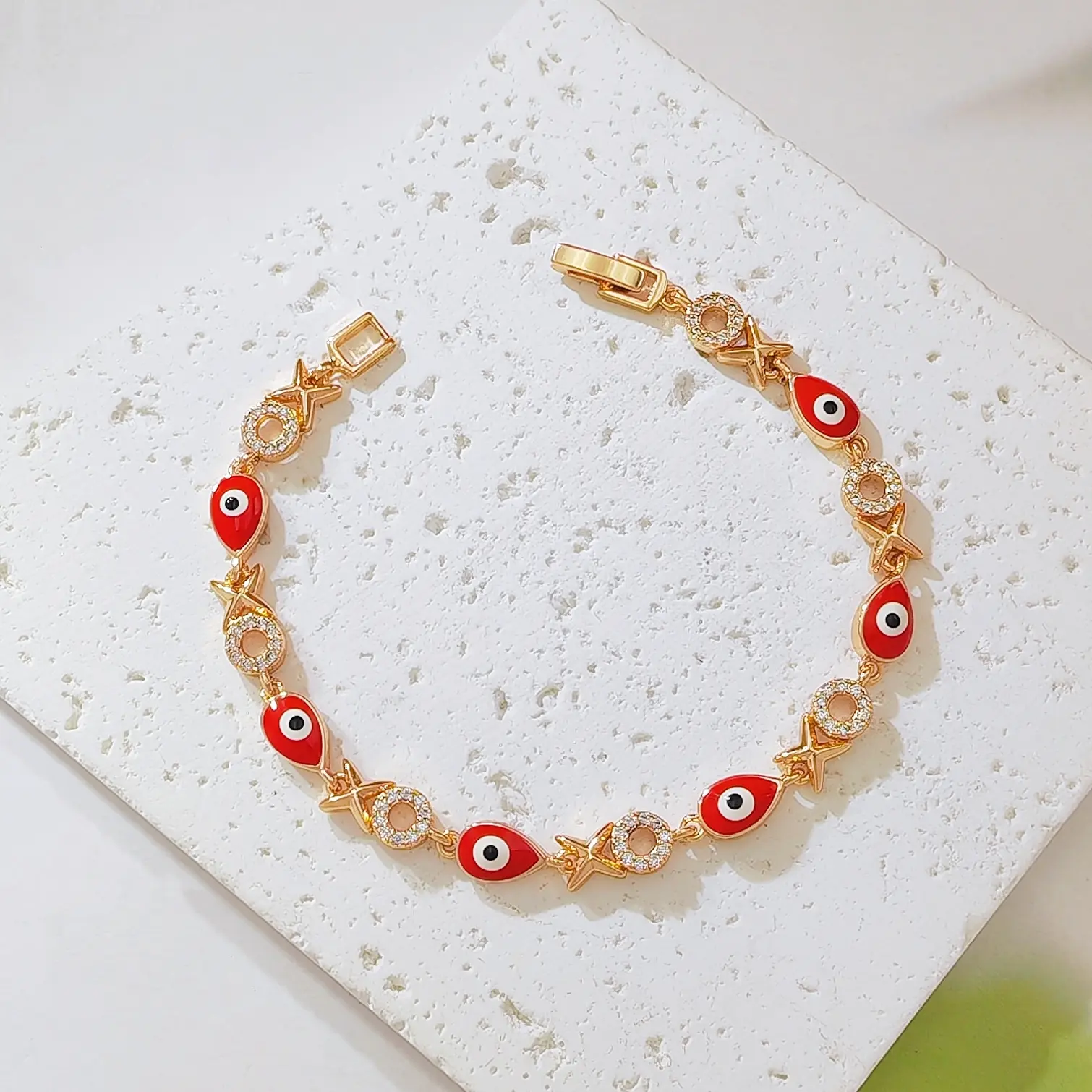 14K Gold Plated Red Evil Eye XO Link Bracelet, Enamel Good Luck Protection Jewelry with Cubic Zirconia Star & Circle Details, Dainty Lucky Charm Bracelet for Women Daily Wear