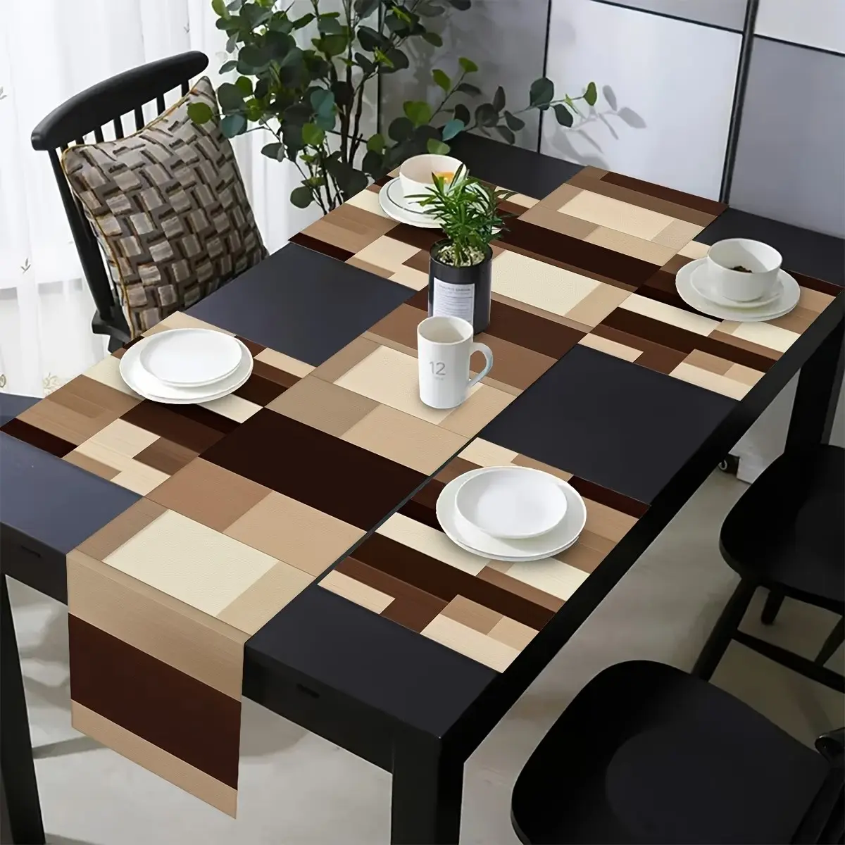 2D flat printing, 1 piece/2 pieces/4 pieces/6 pieces/8 pieces set, abstract geometric design Modern Dinner table flag and placemat set, Kitchen decorative placemat, suitable for dining tables, family gatherings, indoor and outdoor daily kitchen decoration