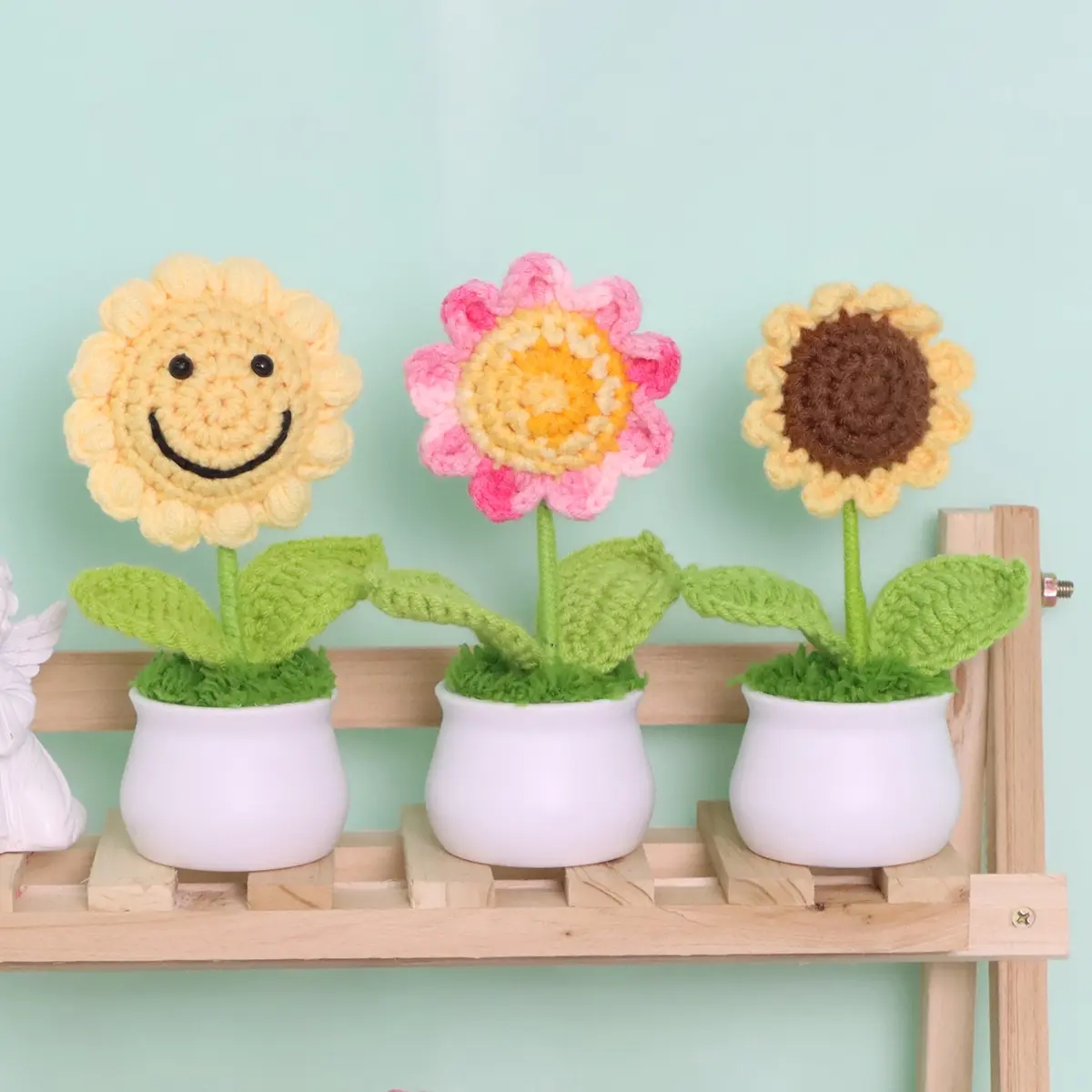 Sunflower Design Artificial Sunflower Crochet Flower Potted Plant, 3 Counts/set Cute, Home Decor Supplies for Living Room Bedroom Office, Decoration Items, Artificial Flower Decorations, Artificial Fiber Flower, Decorative Flowers