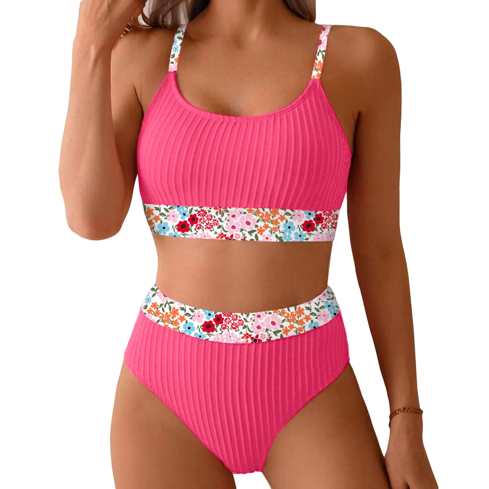 Aleumdr Women's Ribbed Textured High Waisted Bikini Set Floral Trim Two Piece Swimsuit with Adjustable Straps Stretchy Jacquard Fabric Tummy Control Swimwear for Beach Pool and Vacation SwimWeek Vacationoutfits Summerstyle