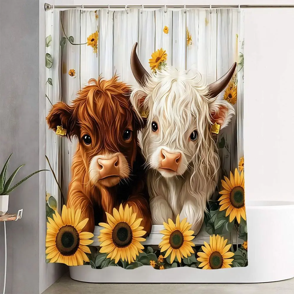 1/4pcs Rustic Farmhouse Highland Cows & Sunflowers Bathroom Set, Restroom Bathroom Accessories, Farmhouse Shower Curtains For Bathroom, Bath Mat, Toilet Lid Cover - Farm Animal & Sunflower, Easter, Spring Home Decor, Bathroom Decoration