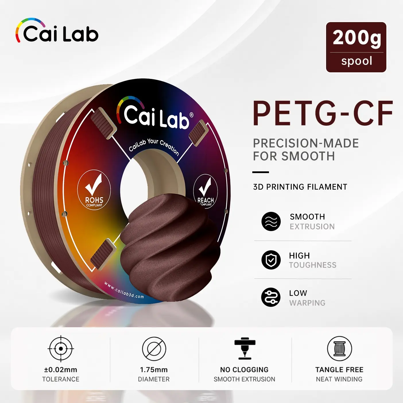 Cailab Petg-Cf Carbon Fiber Reinforced 3D Printing Filament, 1.75mm 200g, High Rigidity, Low Shrinkage, Eco-Friendly
