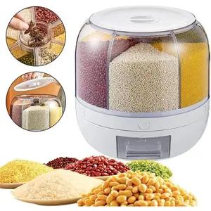 Grain Storage Container Dispenser, 6 Grids Rice Dispenser Rotating, 360 °   Rotating Food Dispenser One-Click Output Rice Storage Round Grain Dispenser Kitchen for Small Grains, Beans, Rice