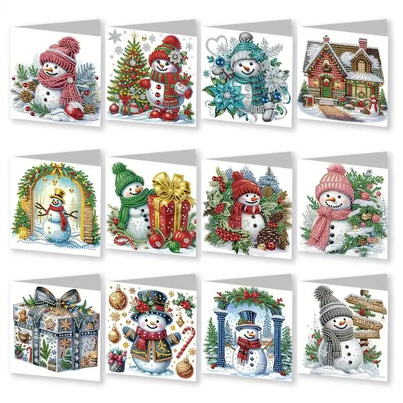 Snowman Pattern DIY Diamond Arts Colorful Painting Cards, 12pcs/set Holiday Handicraft Greeting Card, DIY Handcraft Gift for Friend & Family, Diamond Painting Kits