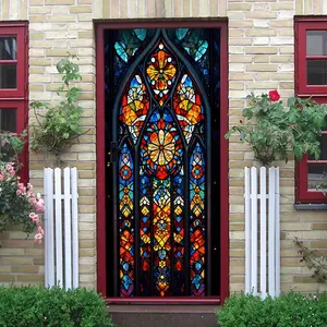 2pcs Vintage Church Stained Glass Window Stickers Colorful Art Decorative Floral Pattern Sticker Self Adhesive Removable Static Cling Film for Living Room Bedroom Kitchen Bathroom Window Glass Door Decoration Collage Self-Adh Home Decor