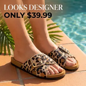 Women's Designer-Inspired Buckle Sandals – Wide Foot Friendly Comfortable Luxury Slides- Oversized Buckle Quiet Luxury Flat Footwear, Cushioned Footbed Walking Shoes for Beach Vacation & Daily Summer Wear