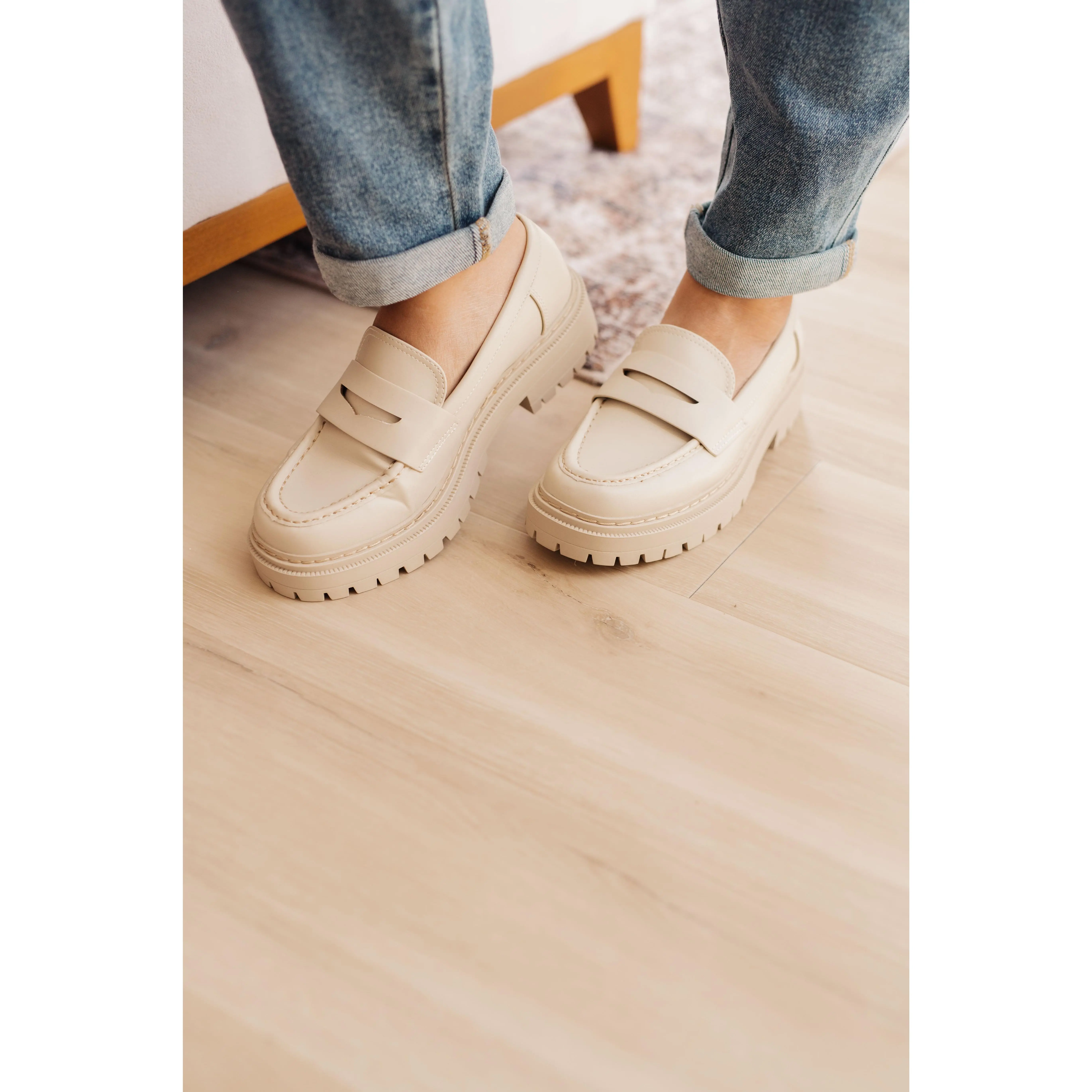 Women's Bone Penny For Your Thoughts Loafers, Slip On Penny Slip Flats, Vegan Leather Stitched Design, 1.5" Heel