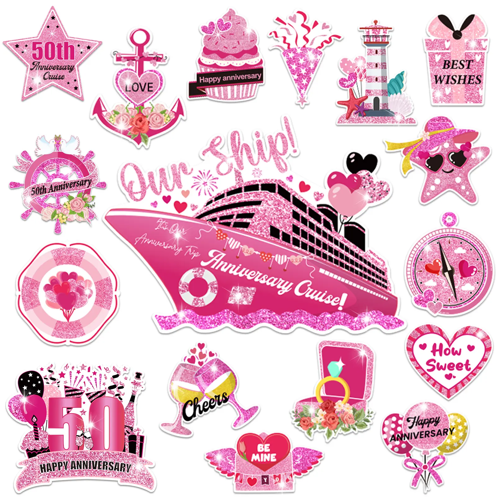 16Pcs 50th Anniversary Cruise Door Magnets Decorations, Reflective 50th Anniversary Cruise Ship Door Decor Pink Gold Magnetic Stickers Decals for Car Refrigerator Garage Door Wedding Honeymoon Party
