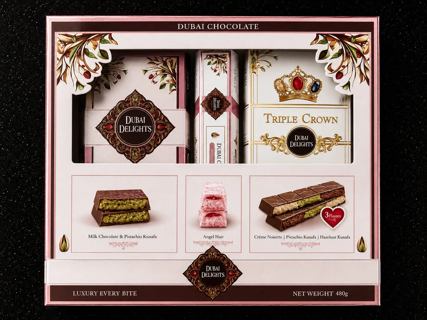 Dubai Delights Chocolate Assortment, Milk Chocolate Bars, Ambient Snack Bites, Dessert Gift Box (Includes Snacks), Pistachio Filled Chocolate, Premium Milk Chocolate