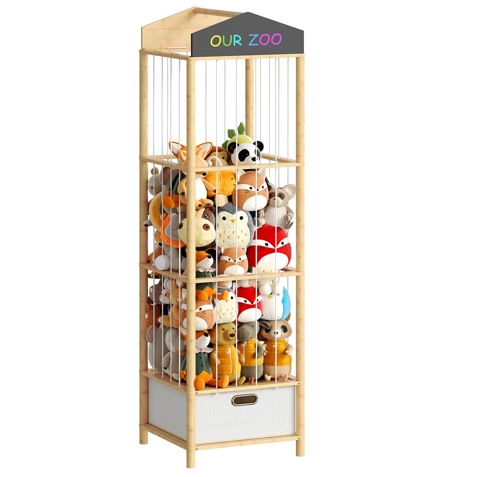 HOOBRO Stuffed Animal Storage & Organizer, Bamboo Stuffed Animal Holder with Fabric Drawer and DIY Chalkboard, Plush Toy Organizer for Playroom, Living Room, Nursery, Natural and Beige #SummerVibes