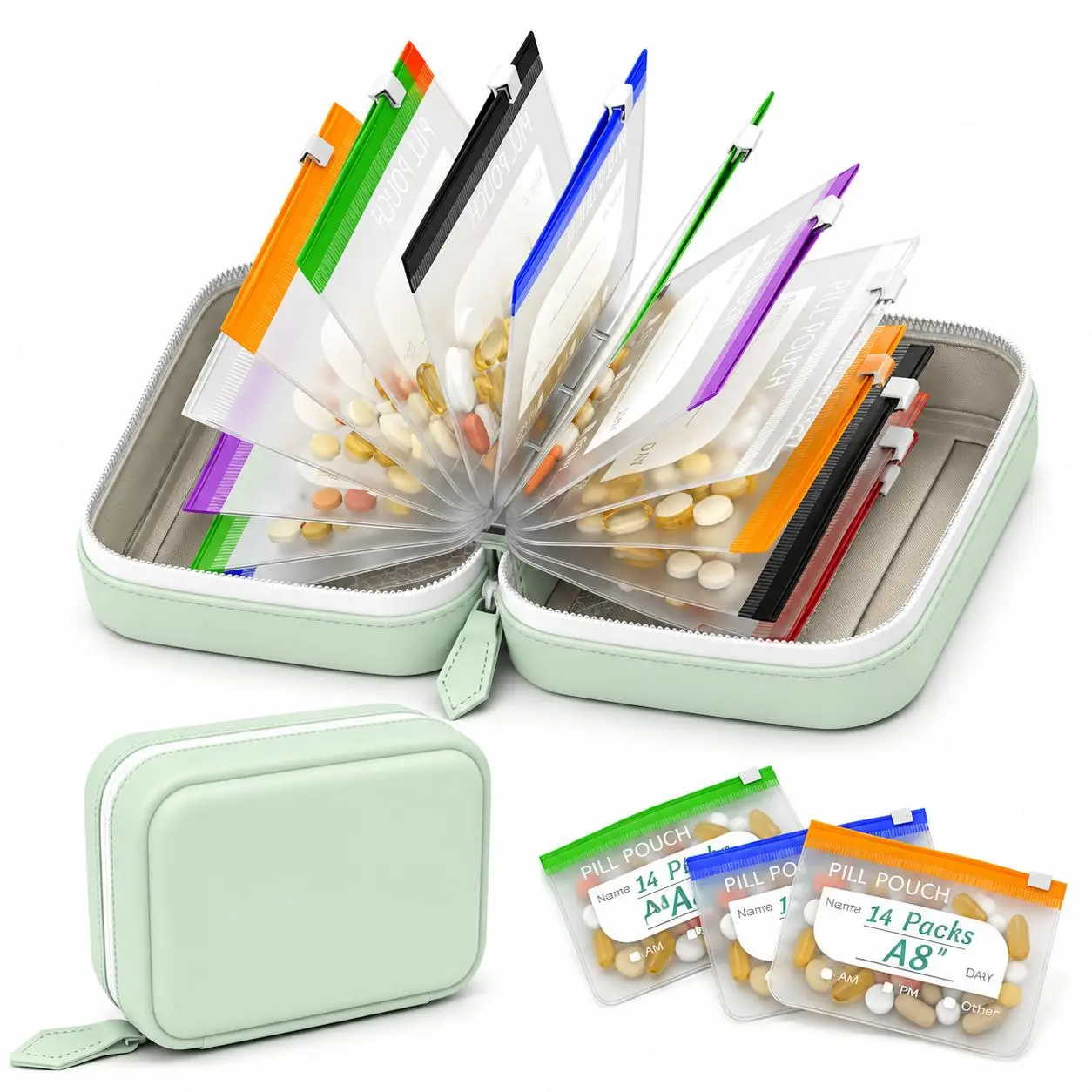 Waterproof Pill Pouch Set, 14pcs Bags Inside, A8 Waterproof Pill Organizer Set, 7 to 14 Days of Meds,Zippered Pill Storage for Fish Oils, Vitamins, Reusable Pocket Pharmacy with Color-Coded Labels dealsforyou, summerwins