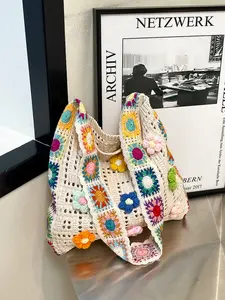 Handmade Crochet Flower Crossbody Bag, Breathable Hollow Out Design, Large Capacity, Fits Sunglasses Sunscreen Phone Beach Towel