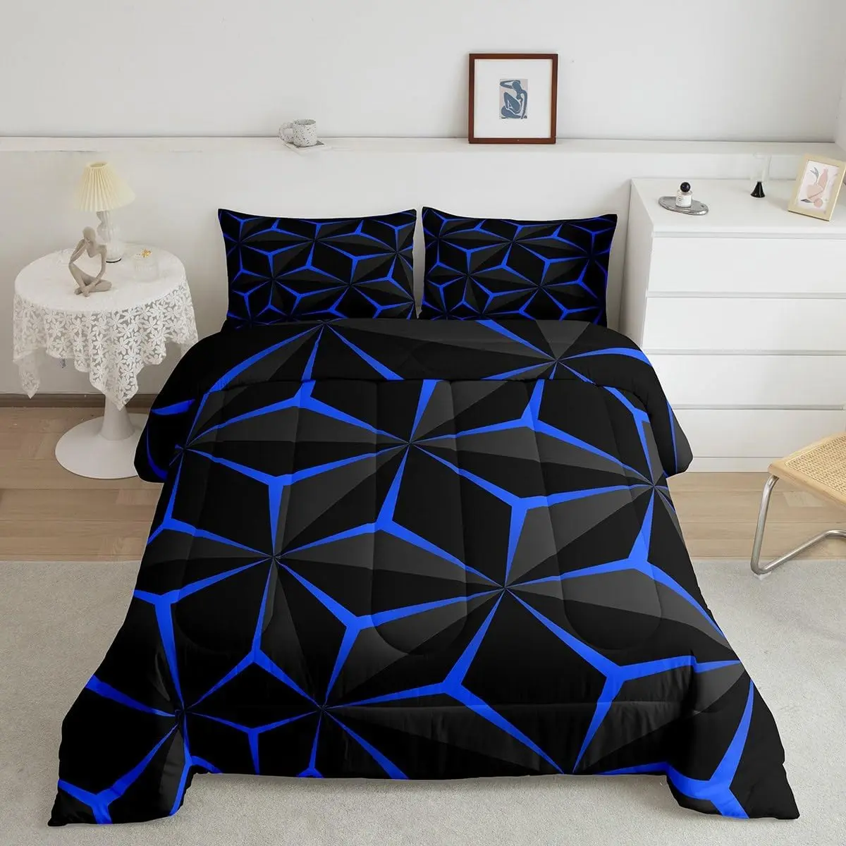 Feelyou Queen Size Microfiber Bed Comforter Set - 3D Blue Neon Honeycomb Geometric Luxury Quilt, Soft Beddingsets for Home Decoration