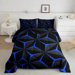 Feelyou Queen Microfiber Bed Comforter Set - 3D Blue Neon Honeycomb Geometric Luxury Stereoscopic Quilt, Decorative Beddingsets for Home Decoration, Soft Microfiber Bedding Set