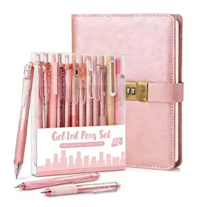 Four Candies Rose Series Gel Pens Set with Vintage Locked A5 Journal,240-Page PU Leather Diary with Password Lock&12Pack 0.5mm Cute Black/Pink Ink Pens for School Office Supplies Girly Stationery Aesthetic Desk Accessories Women,gift for valentines's day