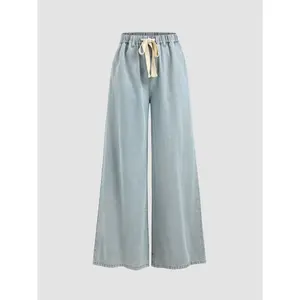 Cider [size XXS Petite-XL Petite] Santorini Beach Vacation Petite Denim High Waist Solid Tie Front Wide Leg Trousers